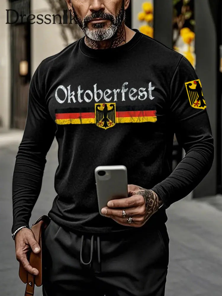 Deutsches Oktoberfest-Print-T-Shirt für Männer mit langen Ärmeln Schwarz / S