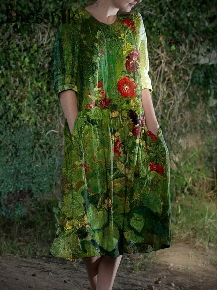 Dreiviertel Ärmel Iges Midi-Kleid Mit V-Ausschnitt Für Damen Vintage-Blumen Kunst Druck A / S