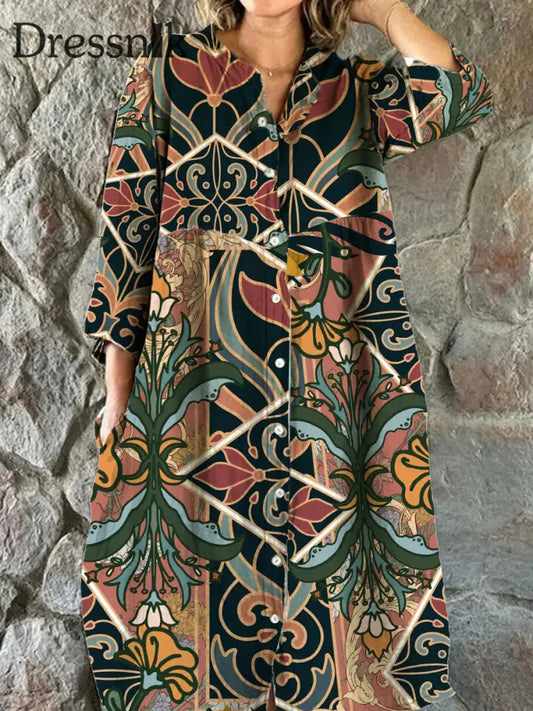 Dreiviertel Ärmel Iges Midi-Kleid Mit V-Ausschnitt Für Damen Vintage-Kunstdruck A / S