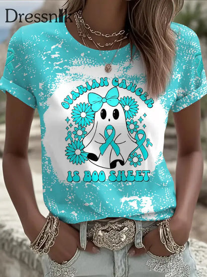 Eierstock krebs für Frauen ist Boo Sheet Halloween Ghost Teal Ribbon Eierstock krebs Bewusstsein T-Shirt