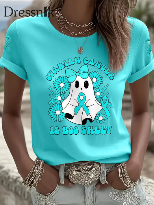 Eierstock krebs für Frauen ist Boo Sheet Halloween Ghost Teal Ribbon Eierstock krebs Bewusstsein T-Shirt Blau-Grün / S