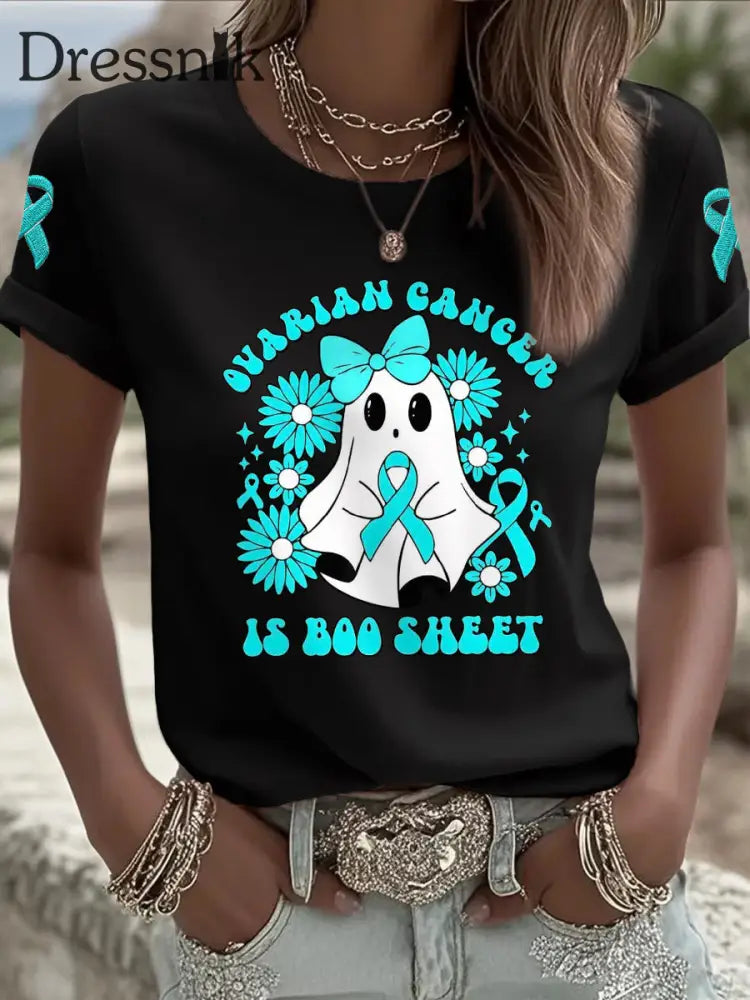 Eierstock krebs für Frauen ist Boo Sheet Halloween Ghost Teal Ribbon Eierstock krebs Bewusstsein T-Shirt Schwarz / S