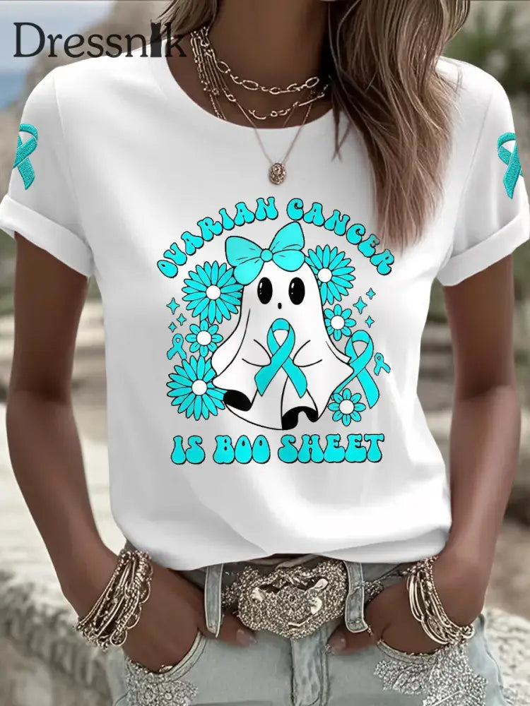 Eierstock krebs für Frauen ist Boo Sheet Halloween Ghost Teal Ribbon Eierstock krebs Bewusstsein T-Shirt Weiß / S