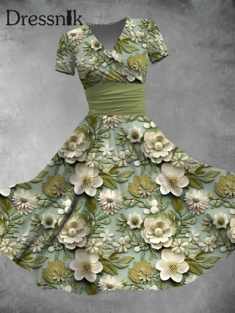 Elegante Grüne Blumen Bedruckt V-Ausschnitt Kurzarm Mode Midi-Kleid A / S