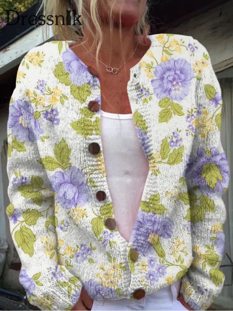 Elegante Retro-Strickjacke Mit Blumen Druck Knöpfen Lässig Langen Ärmeln A / S