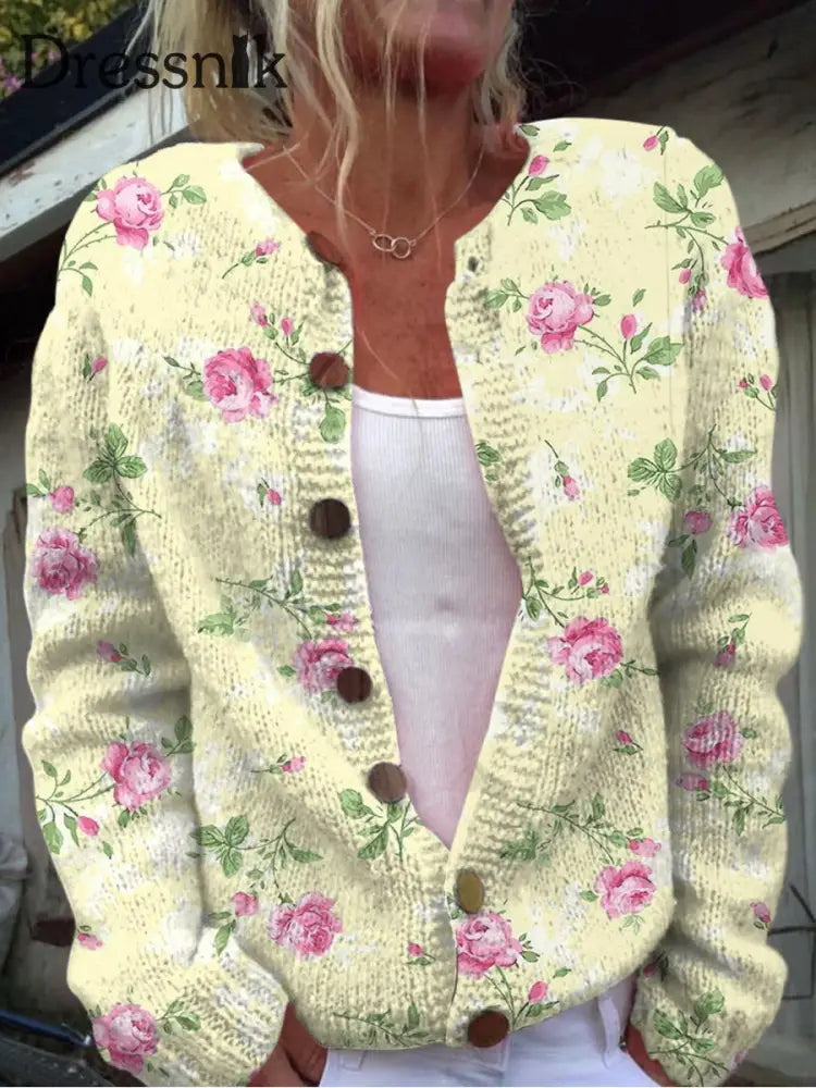 Elegante Retro-Strickjacke Mit Blumen Druck Knöpfen Lässig Langen Ärmeln A / S