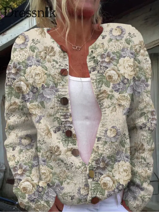 Elegante Retro-Strickjacke Mit Blumen Druck Knöpfen Lässig Langen Ärmeln A / S