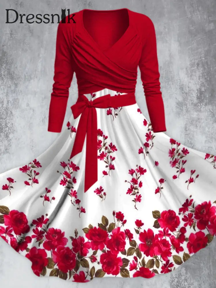 Elegante Rote Blume Bedruckt V-Ausschnitt Lang Ärmel Ige Träger Mode Midi-Kleid A / S