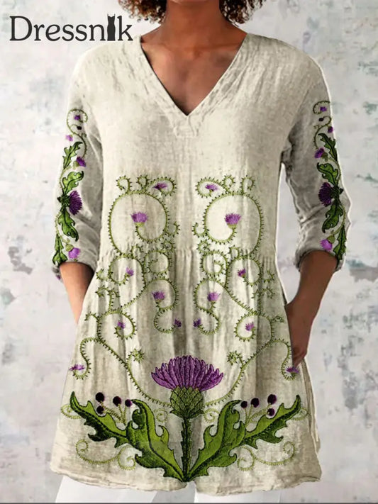 Eleganter Boho-Blumen druck V-Ausschnitt Muster Vintage Lose Langarm Top A / S