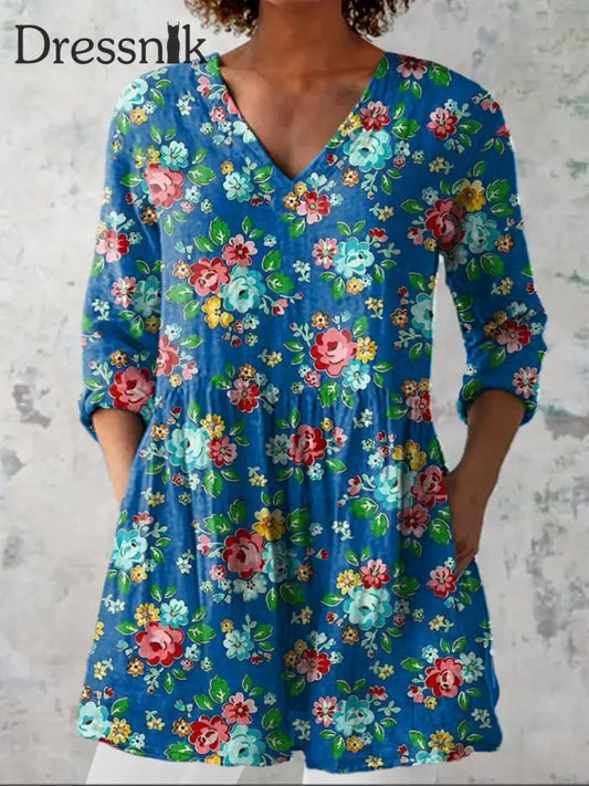 Eleganter Boho-Blumen druck V-Ausschnitt Muster Vintage Lose Langarm Top A / S