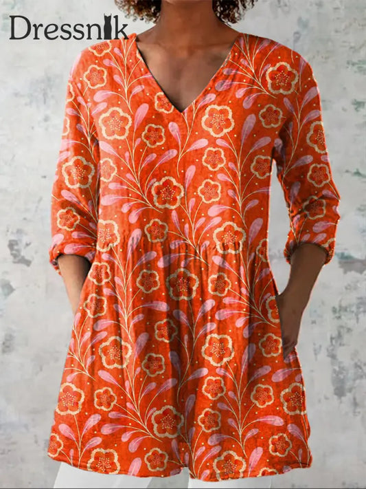 Eleganter Boho-Blumen druck V-Ausschnitt Muster Vintage Lose Langarm Top A / S