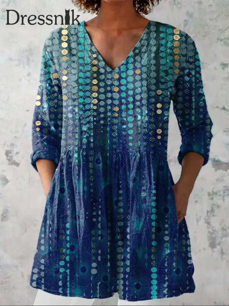 Eleganter Boho-Blumen druck V-Ausschnitt Muster Vintage Lose Langarm Top A / S