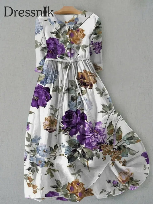 Eleganter Frühling Lila Blumen Bedruckt Mit Rundhals Knopf Kurzarm Lose Midi-Kleid A / S