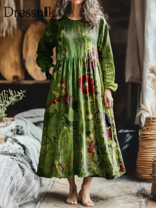 Elegantes Baumwoll Kleid Mit Blumen Kunst Bedruck Für Damen A / S