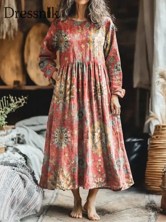 Elegantes Baumwoll Kleid Mit Blumen Kunst Bedruck Für Damen A / S