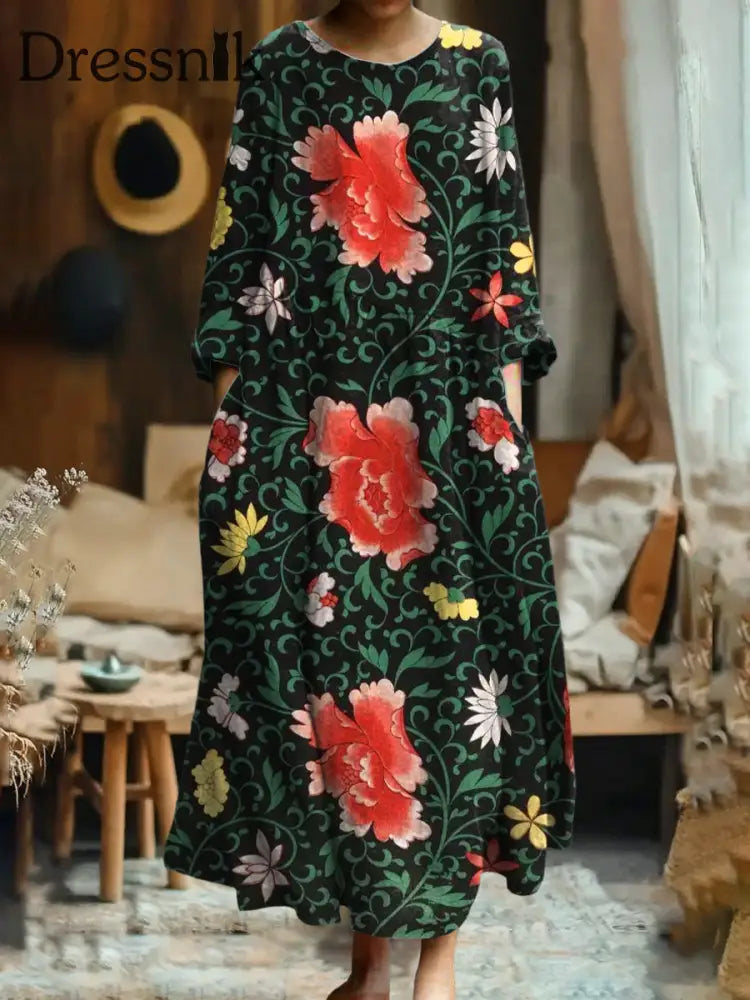 Elegantes Baumwoll Kleid Mit Blumen Kunst Bedruck Für Damen A / S