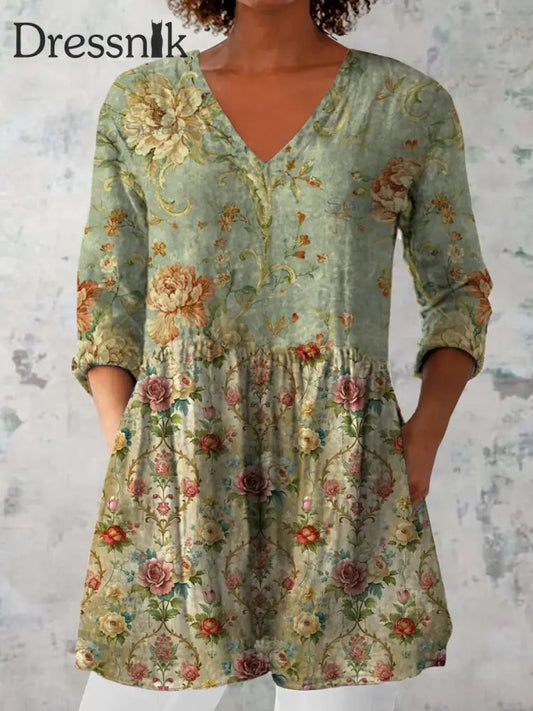 Elegantes Boho-Blumen Druck V-Ausschnitt-Muster Aus Baumwolle Locker Lang Ärmelige Spitze A / S