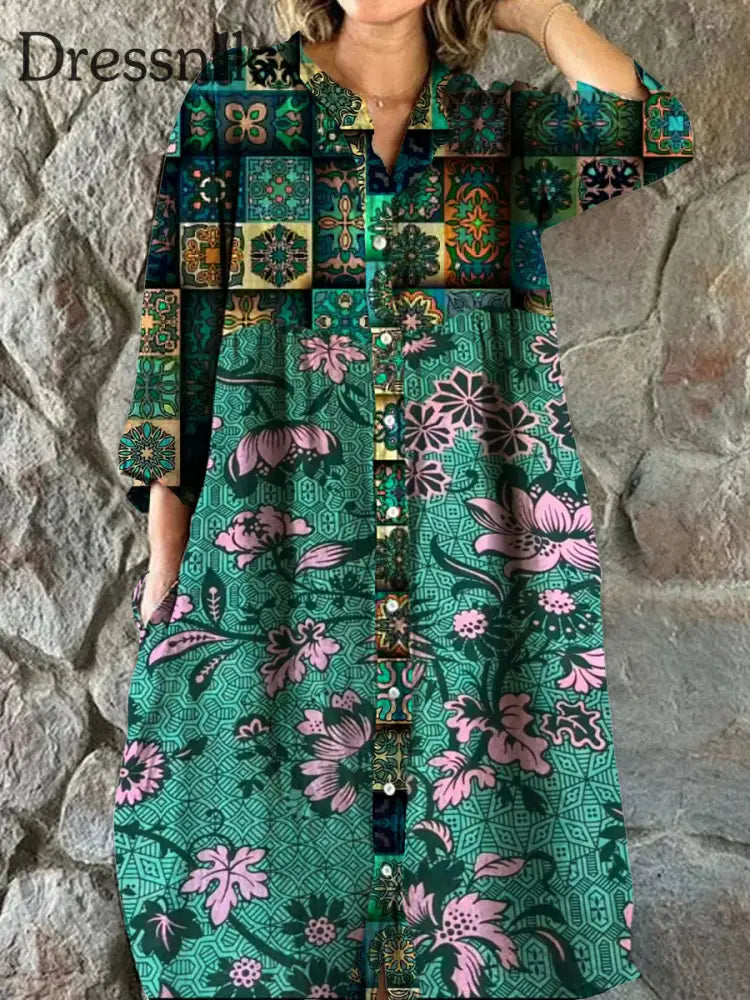 Elegantes Midi-Kleid Mit Drei Vierteln Ärmeln Schickem V-Ausschnitt Blumen Kunst Druck A / S