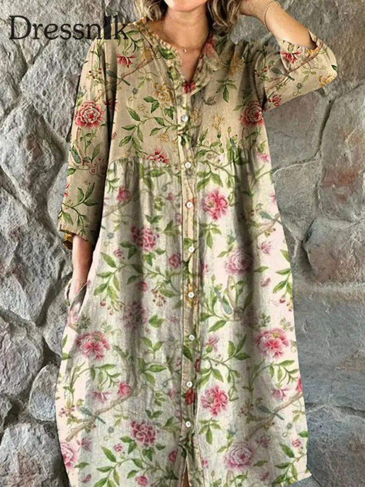 Elegantes Midi-Kleid Mit Drei Vierteln Ärmeln Schicktem V-Ausschnitt Blumen Kunst Druck A / S