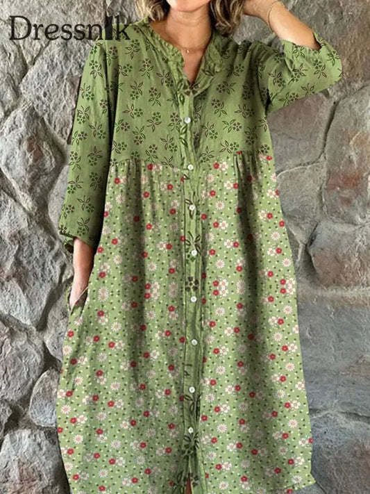 Elegantes Midi-Kleid Mit Drei Vierteln Ärmeln Schicktem V-Ausschnitt Blumen Kunst Druck A / S