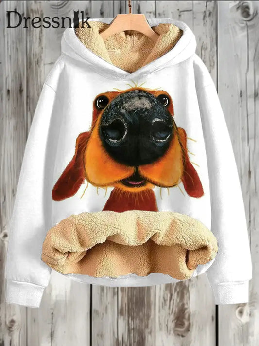 Fleece-Sweatshirt Mit Kapuze Niedlichem Hunde Druck