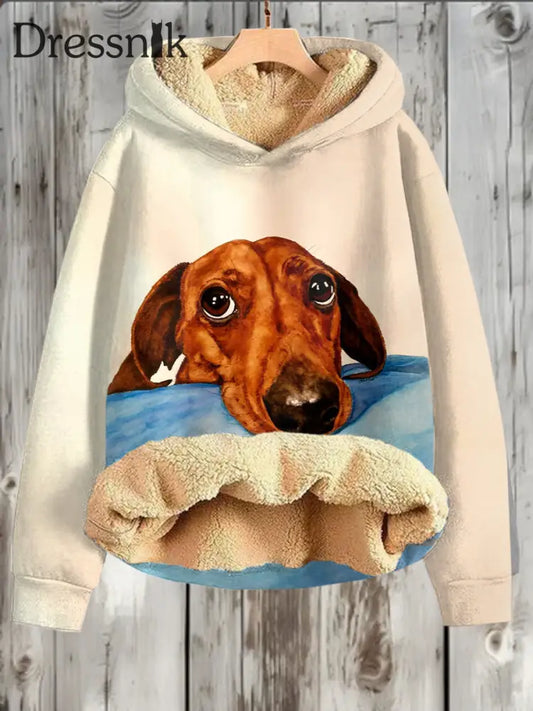 Fleece-Sweatshirt Mit Kapuze Niedlichem Hunde Druck