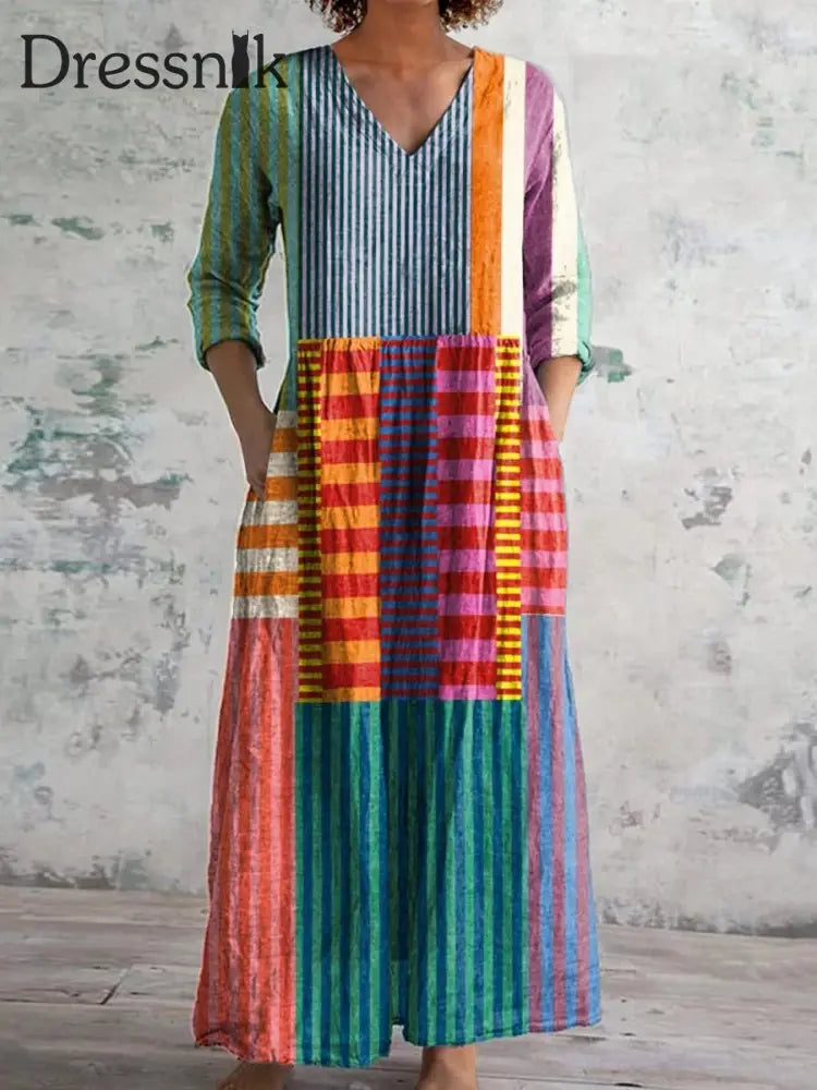 Frauen Abstraktes geometrisches Muster Kunstdruck Baumwoll Leinen Taschen Tunika Kleid bunt / S