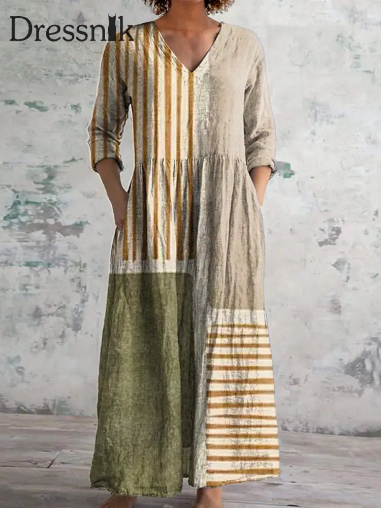 Frauen Abstraktes geometrisches Muster Kunstdruck Baumwoll Leinen Taschen Tunika Kleid Grün / S