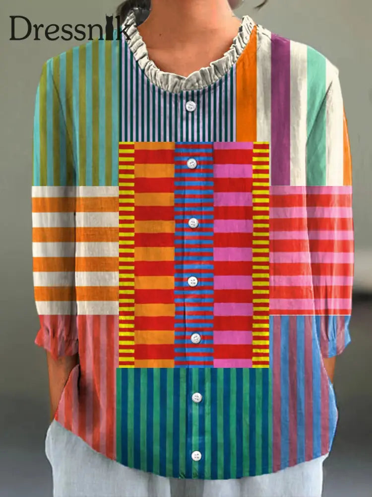 Frauen Abstraktes geometrisches Muster Kunstdruck lässig Baumwolle und Leinen 3/4 Ärmel Hemd bunt / S