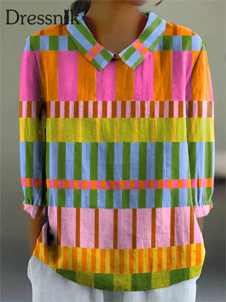 Frauen Abstraktes geometrisches Muster Kunstdruck lässig Baumwolle und Leinen 3/4 Ärmel Hemd bunt / S