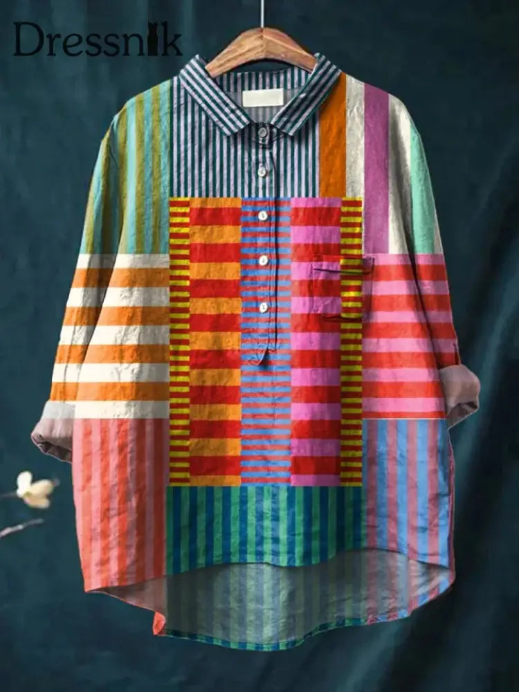 Frauen abstraktes geometrisches Muster Kunstdruck lässiges Baumwoll-und Leinen hemd bunt / S
