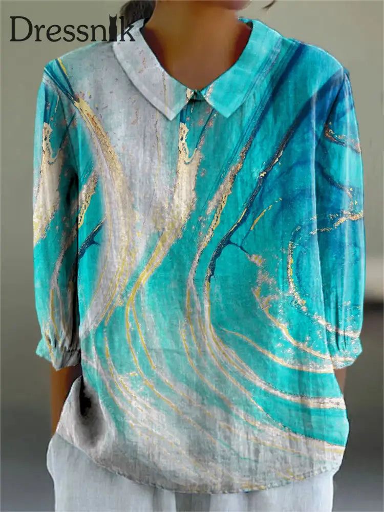 Frauen Abstraktes Muster Kunstdruck Freizeit Baumwolle und Leinen 3/4 Ärmel Hemd blau / S