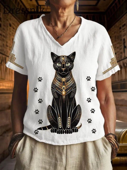 Frauen ägyptische Katze V Ausschnitt Oberteile Weiß / S