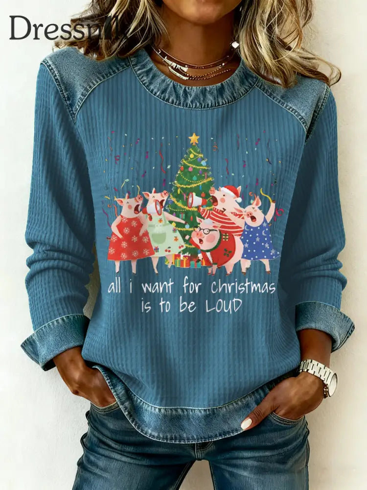 Frauen Alles was ich zu Weihnachten will ist lautes Denim-Patchwork-Top Blau / S