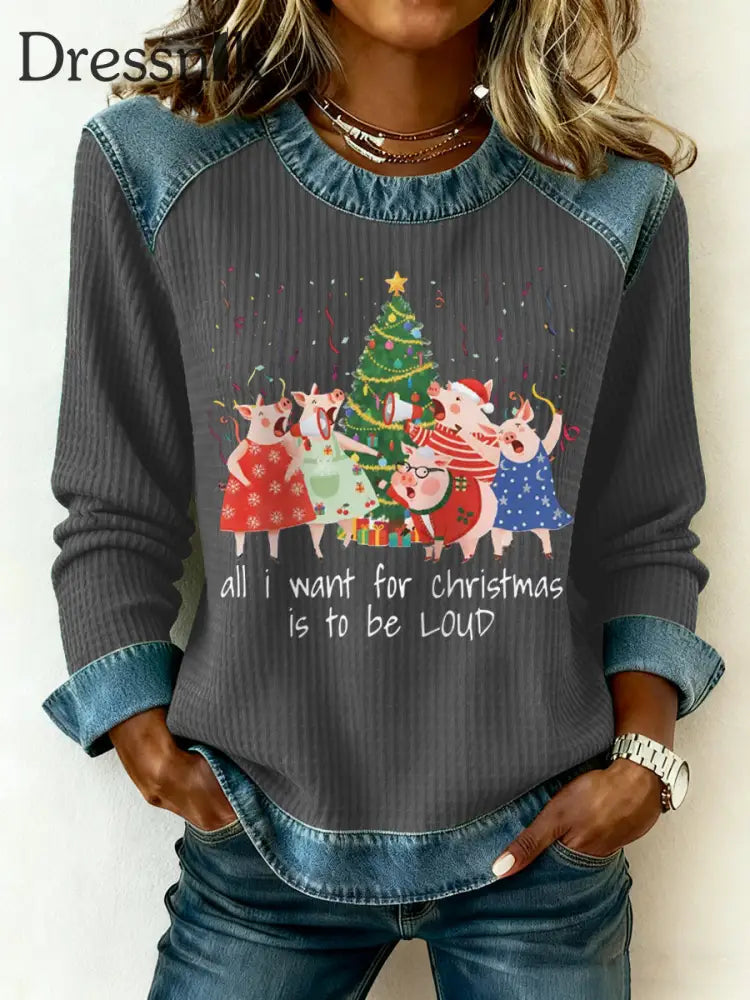 Frauen Alles was ich zu Weihnachten will ist lautes Denim-Patchwork-Top Dunkelgrau / S