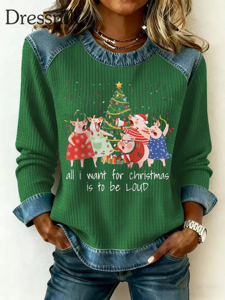 Frauen Alles was ich zu Weihnachten will ist lautes Denim-Patchwork-Top Grün / S