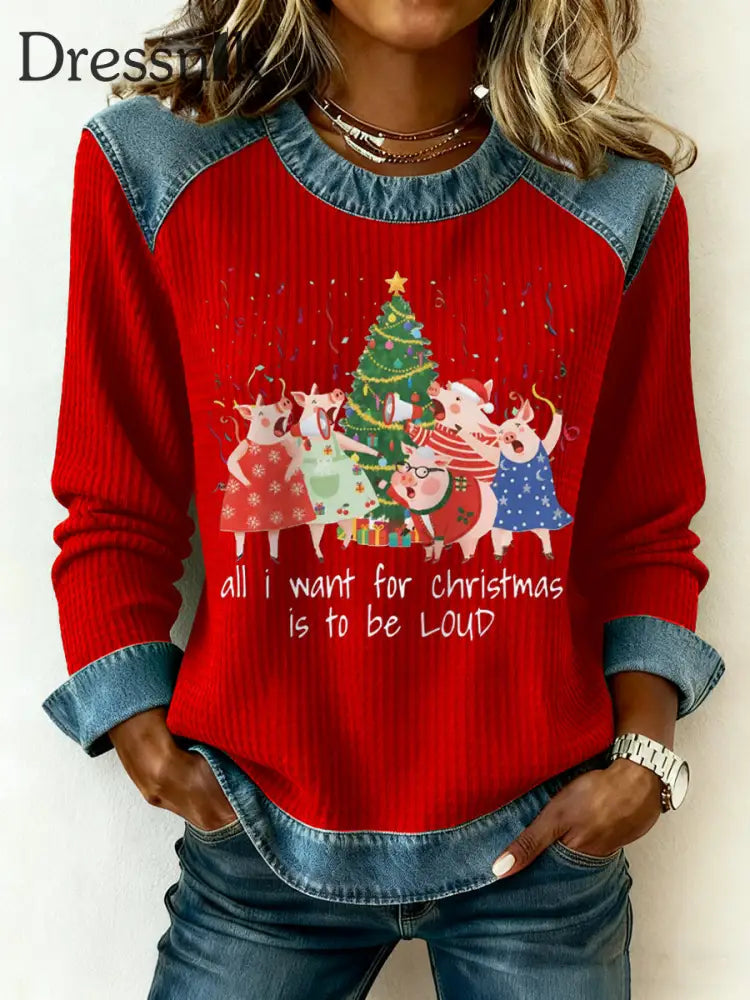 Frauen Alles was ich zu Weihnachten will ist lautes Denim-Patchwork-Top Rot / S