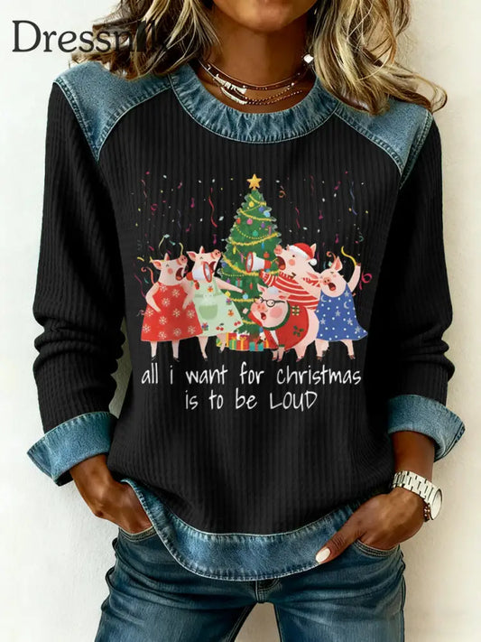 Frauen Alles was ich zu Weihnachten will ist lautes Denim-Patchwork-Top Schwarz / S