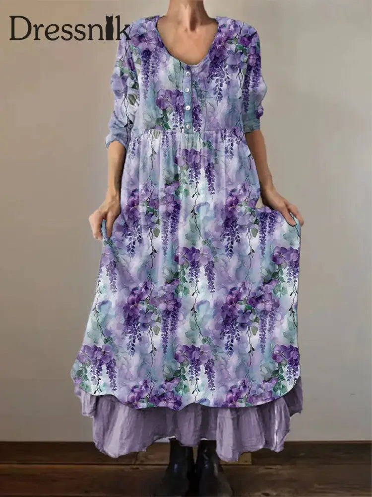 Frauen Alzheimer Bewusstsein Lila Blume Bedrucktes Baumwoll Leinen Langarm Maxi kleid Lila / S