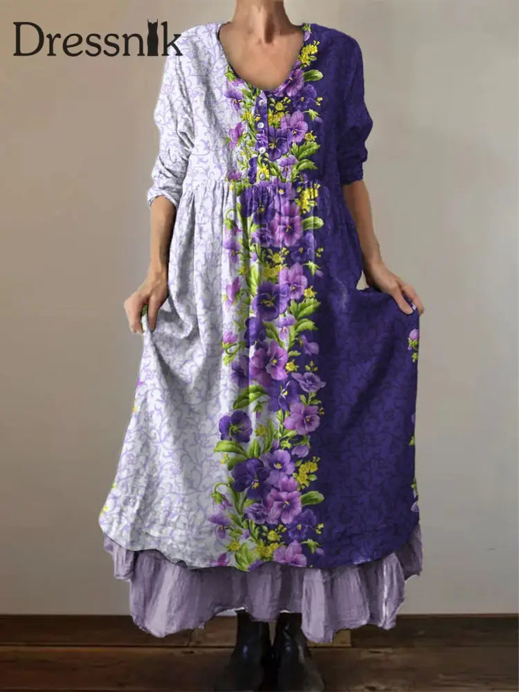 Frauen Alzheimer Bewusstsein Lila Blume Bedrucktes Baumwoll Leinen Langarm Maxi kleid Lila / S