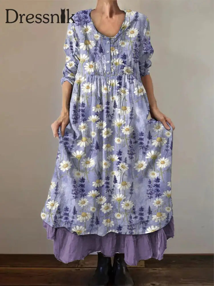 Frauen Alzheimer-Bewusstsein Lila Blume gedruckt Lose Langarm Baumwoll Leinen kleid hellviolett / S