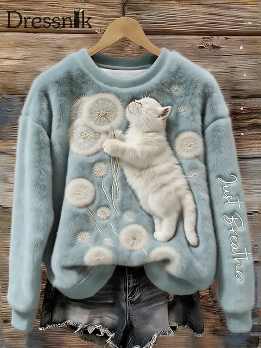 Frauen atmen einfach Fuzzy Cat & Löwenzahn Gemütliche Flanell Hoodie hellblau / S