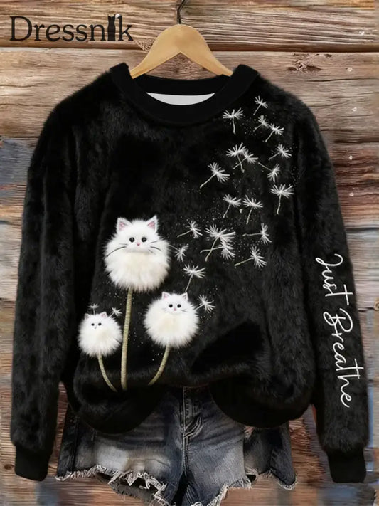 Frauen atmen einfach Fuzzy Cat & Löwenzahn Gemütliche Flanell Hoodie Schwarz / S