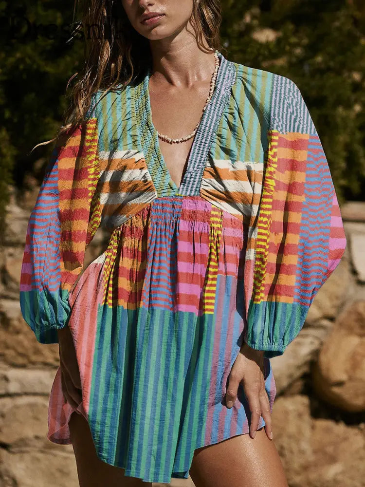 Frauen Bohemian Style Farb block druck Baumwolle V-Ausschnitt Mini kleid bunt / S