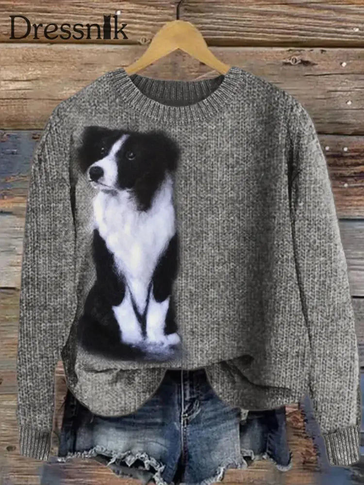 Frauen Border Collie Hund Plüsch Filz Gemütliche Strick pullover Grau / S