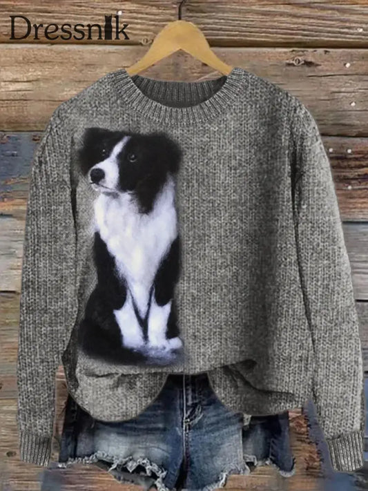 Frauen Border Collie Hund Plüsch Filz Gemütliche Strick pullover Grau / S
