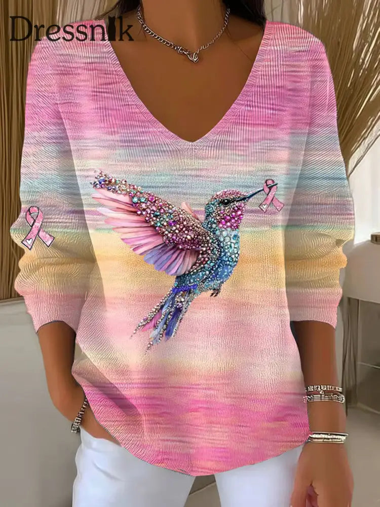 Frauen Breast Cancer Ribbon T Shirt lang ärmelig Baumwolle mit Tier druck A / S