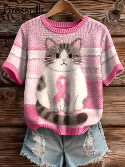 Frauen Brustkrebs Bewusstsein inspirierte Katze Filz Kunst Knit Top als bild / S