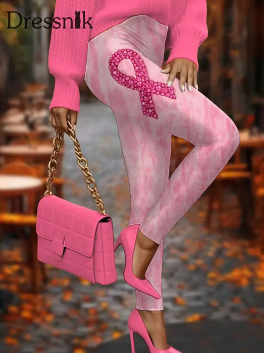 Frauen Brustkrebs Bewusstsein Pink Ribbon Print Freizeit Leggings Rosa / S