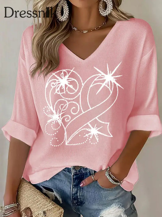 Frauen Brustkrebs Bewusstsein Rosa Band Print Casual T-Shirt Rosa / S